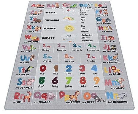 Stilvoll Günstig by ELMM Kinderteppich Teppich Kinderzimmer Spielzimmer Grau 160 x 230 Alphabet Buchstaben Zahlen Tiere Kurzflor