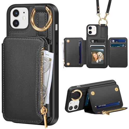 Kuafcase Handyhülle für iPhone 12 / iPhone 12 Pro Hülle mit Band [6 Kartenfach][Ständer][Schlüsselanhänger] Handykette Wallet Leder Klapphülle Umhängetasche Handytasche für iPhone 12/12 Pro, Schwarz