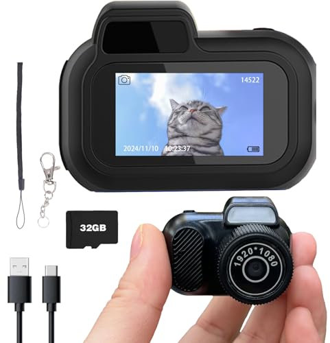 Sniegauu Mini portachiavi con fotocamera digitale, mini videocamera a scatto 1080p con scheda da 32 GB, piccola fotocamera vintage retrò compatta portatile con schermo LCD Volgging (scheda 32G)