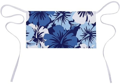 JiuPopular Delantal corto, delantal de cintura con flores de hibisco azul, delantal de trabajo con 3 bolsillos, ver fotos, 30x60cm