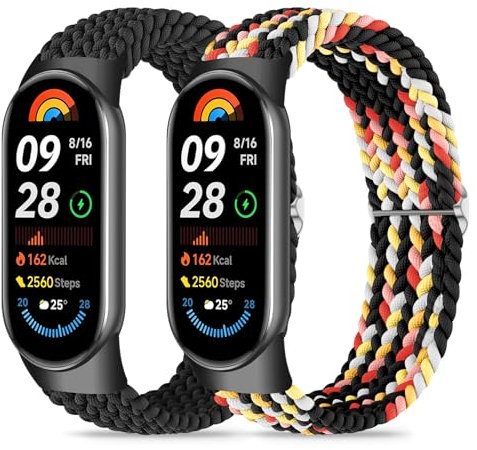 Wizvv 2 Stück Geflochtenes Mi Band 9 Armband/Mi Band 8 Armband,Metall Connector Elastische weiches Nylon Uhrenarmband Ersatzarmband für Herren Damen