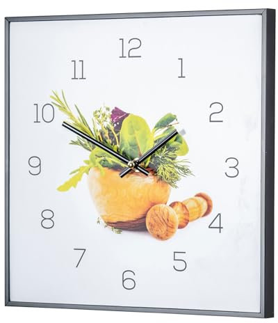 Wanduhr 30x30cm Uhr PVC Rahmen Schwarz Küche Kräuter Gewürze Kochen Deko Wanddeko Wandbild
