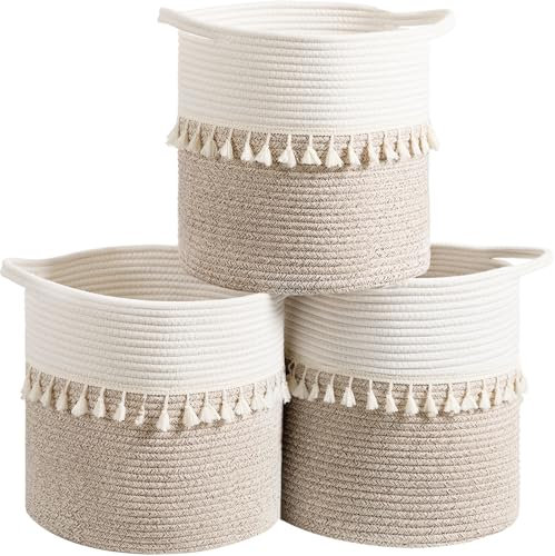 danpinera 28 cm Aufbewahrungskörbe im 3er-Set, Baumwollgeflecht mit stabilen Griffen und stilvollen Quasten, dekorative Körbe für Regale, Kinderzimmer, Wäsche, Weiß & Braun-Mix