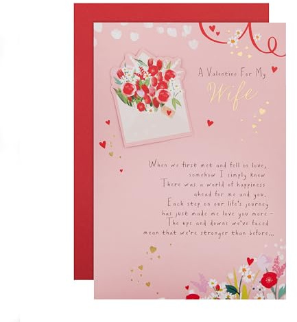 Hallmark Valentine's Day Card for Wife, Flowers, Envelope Design, Pink, Red | Measures H22.8cm by W15.9cm, Red Envelope Included, Die-cut 3D Attachment, Metallic Gold Foil Details, Fully Recyclable