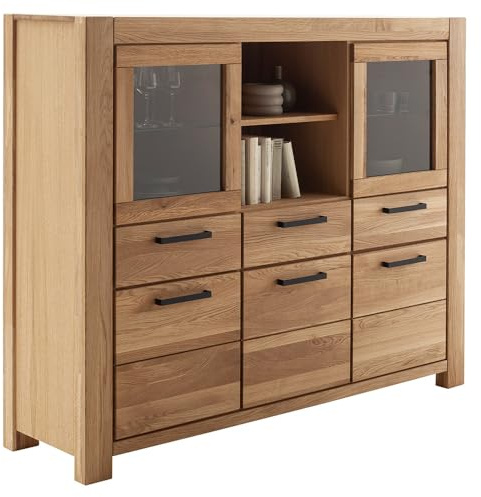 Lomadox Highboard Vitrinenschrank 172 cm, Wildeiche teilmassiv geölt, Massivholz/Echtholz/Furnier