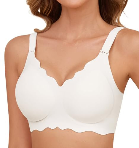 Xnova Bras for Women Non Wired Push up, Comfort Padded Bra Wireless Zero Feel Sleep Everyday Scalloped Bralettes Full Coverage Seamless Adjustable (White, L)