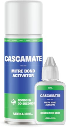 Cascamate Mitre Bond Kit, Non-Staining Superfast Cure Adhesive with Activator Spray. Bonds Instantly. Ideal for Wood, MDF, Plastics, Rubber, Timber, Metal, Fabrics, Ceramic, and Leather – 250ml