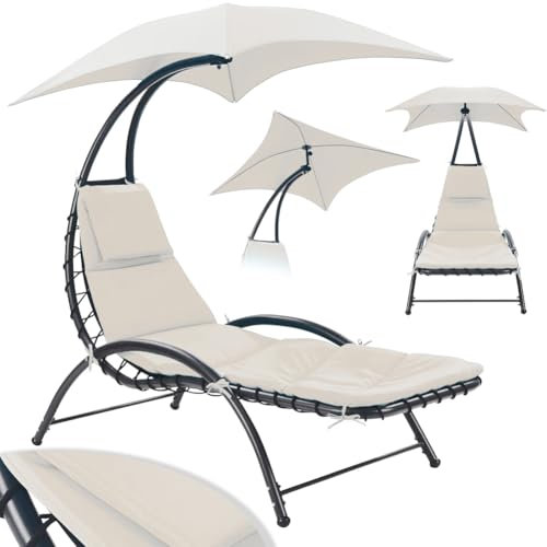 BAKAJI Lettino Sdraio Sospeso da Esterno con Cuscino Imbottito, Poltrona Amaca da Giardino Curva, Seduta Ergonomica e Ombrellone Parasole, Ideale per Patio, Balcone, Terrazzo (Beige)