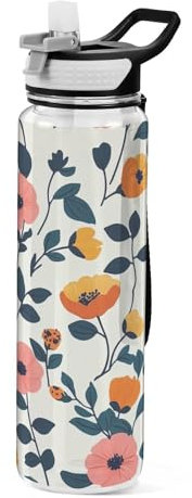 Ewusp Boho Flowers Sports Water Bottle with Straw and Lids 32 oz/1000 ml Leakproof Reusbale Tritan Water Bottle BPA Free Travel Cup for Gym Fitness Outdoor Cycling School Office