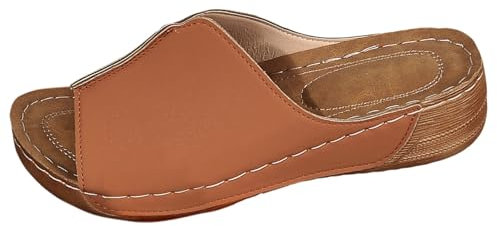 AMDOLE Damen-Sandalen mit Keilabsatz, offener Zehenbereich, Schlupfschuhe, Kunstleder, dicker Korkboden, Strandschuhe, Freizeitschuhe, Strandschuhe, Schwimmbadschuhe, Strandschuhe, 1 x Braun, 37.5 EU