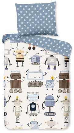 Good Morning Kinder Baby Bettwäsche 100x135 Robo Roboter Sterne blau weiß 33032