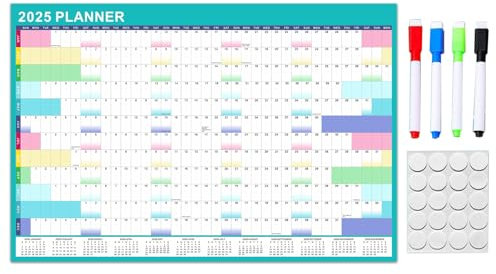 Jahreskalender 2025, mit löschbarem Marker und selbstklebenden Aufklebern, 90 x 60 cm, Wandkalender, Jahresplaner
