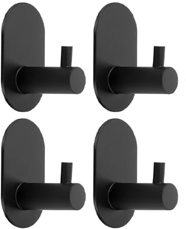 Dntorx Self Adhesive Towel Hooks, 4 Pack, Stainless Steel, Black | No-Drill Stick-On Design, Rust-Resistant Steel, Strong Hold, For Bathroom, Kitchen, Door Or Wall