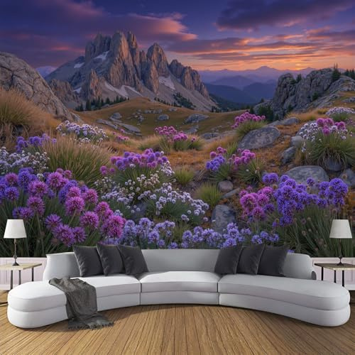 Seide Fototapete Blumenberge 200x140cm Wanddeko, Natürliche Landschaft Wandbild, Wandtapete, Kann in Wohnzimmer, Küche, Schlafzimmer, Studio, Lila