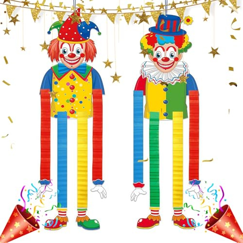 KLINNA 2 Stück Clown Banner Karneval Deko, Lustige Zirkus Dekoration Hängend Tür Wand, Bunte Papier Clown Fasching Deko für Fasching Geburtstag Party Fenster Innen
