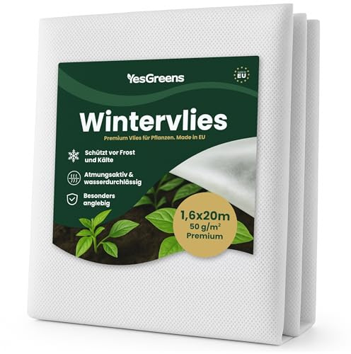 YesGreens® Wintervlies für Pflanzen – 1,6×20 m – 50 g/m² Premium – Agrarvlies – Verschiedene Größen – Atmungsaktiv, wasserdurchlässig & UV-stabil – Winterschutz Pflanzen außen – Pflanzenschutz Winter
