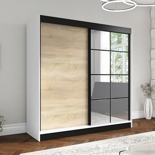 A&J MöbelLand Schwebetürenschrank Tina Kleiderschrank 2-türig mit Spiegel Garderobenschrank 200 cm (Weiß)