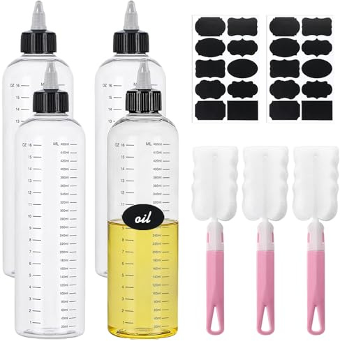 Wrbugukeji 4 Pcs Hair Oil Applicator Bottle with Tip, 500 ML Hair Dye Colored Squeeze Bottle with Twist, Cup Brush, Label for Hair Colouring Paint Mixing Essential Oil Dispensing