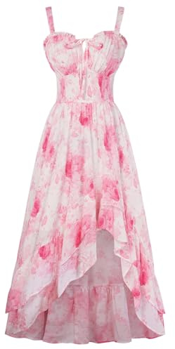 SCARLET DARKNESS Damen Blumen Trägerkleid Lang Cottagecore Sommerkleid | Doppelter Rüschensaum | Verstellbare Träger | Reißverschluss | Futter | Seitentaschen | Hochzeitsgastkleid | Viktorianisch