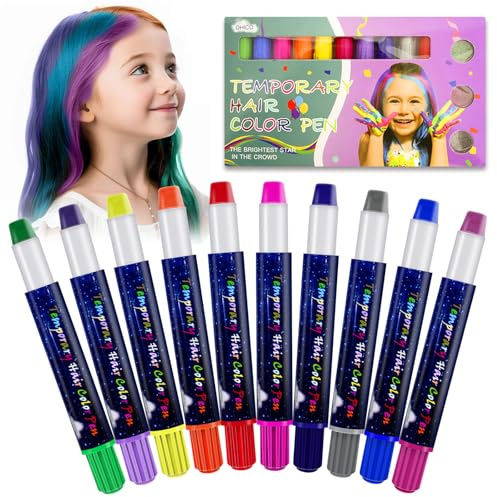 10 Piezas Tiza para el Pelo, Lápices de cabello Color Temporal, Colores Temporales Lavables, Crear ramos de pelo de color, Crear un peinado creativo, Para carnaval, Halloween o Navidad