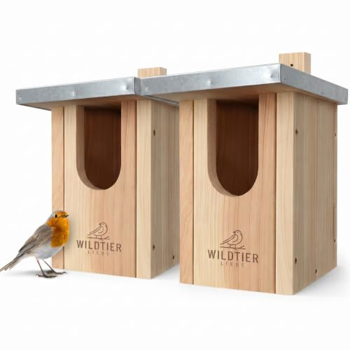 wildtier liebe Nistkasten für Rotkehlchen – 2er Set nach NABU aus unbehandeltem Massivholz mit Metalldach – Wetterfestes Vogelhaus für Halbhöhlenbrüter, verschraubter Brutkasten für Garten & Balkon