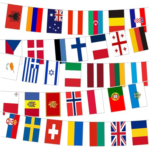 Eurovision Europäische Flagge Wimpelkette 12m - Eurovision Song Contest | 2026 Fahnen,35 Länder Doppelseitige Stoff-Wimpelkette Europäische Flagge Bunting,für Bar,Garten,Drinnen Draußen Dekoration