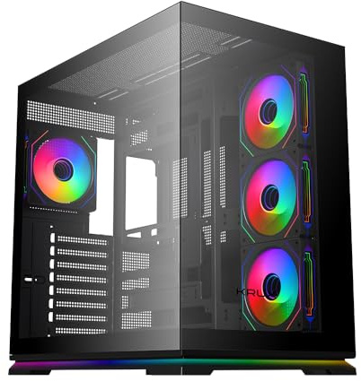 KRUX Atron PC Gehäuse ATX Gaming – Panoramisches gehärtetes Glas, 4X 120 mm ARGB PWM Lüfter, LED ARGB Streifen, USB-C, Airflow, GPU bis 420 mm, Computer Gehäuse Schwarz, Gaming Case Tower