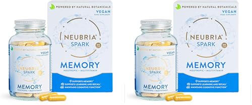 NEUBRIA Spark Memory Supplement – Multivitamin for Adults with Bacopa Monnieri, Ginkgo Biloba, Turmeric, Ashwagandha, CoQ10 & Citicoline – Nootropic Brain Support – 60 Vegan Capsules (Pack of 2)