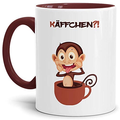 Tassendruck Kaffee-Tasse mit Spruch - Lustig, Affen-Kopf | Käffchen Affe, Innen & Henkel Weinrot, Smiley, Witzig, Spaßig, Keramik, 300 ml