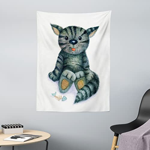 ABAKUHAUS Katze Wandteppich, Katzen-Cartoon-Fisch-Skelett aus Weiches Mikrofaser Stoff Waschbar ohne Verblassen Digitaldruck, 110 x 150 cm, Grau Creme