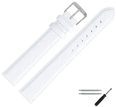 MARBURGER Uhrenarmband 14mm Leder Weiss Silber XL Kroko Prägung - Montage Set 6811420000120