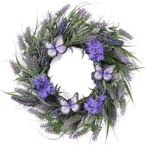 Valery Madelyn 18 Inch Spring Wreath for Front Door, Artificial Lavender and Butterfly Easter Door Wreaths, Purple Summer Door Wreath Outdoor All Year (L)
