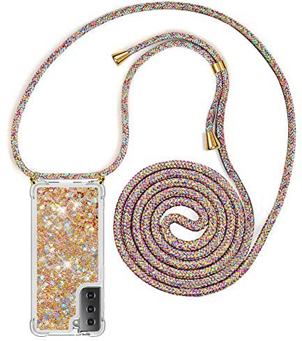 YuhooTech Handykette Hülle Kompatibel mit Samsung Galaxy S21 5G - Quicksand Glitzer Hülle mit Band - Silikon Handyhülle mit Kordel Umhängenband - Schnur mit Treibsand Case zum Umhängen