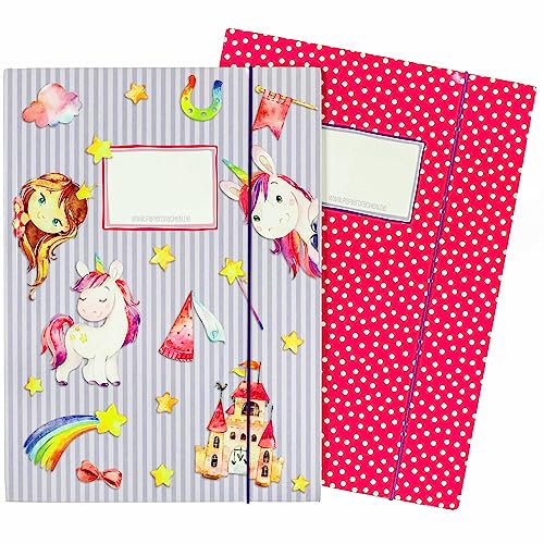 Papierdrachen 2 hochwertige Schulmappen für Kinder DIN A4 | Motiv Einhorn - Postmappe für Grundschüler - Heftsammler - Sammelhefter - Set Nummer 2