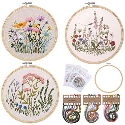RosewineC 3 Pack Embroidery Starter Kit, Full Range of Cross Stitch Supplies Plants Flowers Pattern with Embroidery Clothes Hoops Threads Needles for Beginners Adults Kids