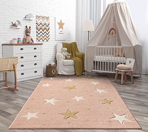 the carpet Monde Kids weicher Sternenteppich, Sternenhimmel, Kinderteppich, Hoch-Tief Effekt, Pflegeleicht, Farbecht, Sterne, Rosa, 140 x 200 cm