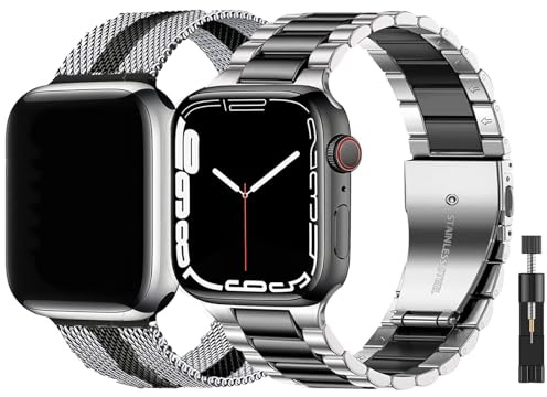 baklon 2 Pezzi Cinturino in Acciaio Inossidabile Compatibile con Apple Watch 42mm(Series 1 2 3) 44mm 45mm 49mm 46mm e Series SE3 2 1/ Ultra3 2 1/11 10 9 8 7 6 5 4 3 2 1, Argento su nero