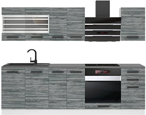 Belini Küchenzeile Küchenblock Margaret - Küchenmöbel 240 cm Einbauküche Vollausstattung ohne Elektrogeräten mit Hängeschränke und Unterschränke, ohne Arbeitsplatten, Glamour Wood