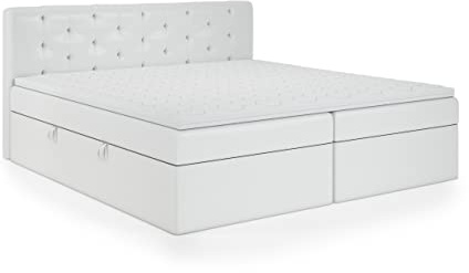 FEDVE Boxspringbett 160x200 Weiß Öko-Leder – Pekin – Stabiles Bett mit Bettkasten – Praktisches Doppelbett mit Matratze - Gemütlich Kopfteil Bett zum Schlafzimmer für Viele Jahr