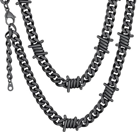 ChainsHouse Barbed Wire Cuban Necklace for Women Men Stainless Steel/18K Gold/Black Gothic Skull Thorns Choker Curb Necklaces Punk Jewelry,16-20 inch Length, 20 inches, Metal, No Gemstone