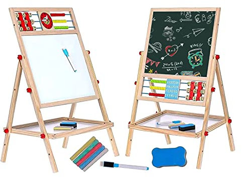 Savieva 4in1 Tafel für Kinder, 39 x 32cm Maltafel Schreib Schultafel für Kinder ab 3 Jahre, Multifunktions Zweiseitiges Zeichenbrett Magnettafel Kinder aus Holz Spieltafel mit Ablage, Kreide