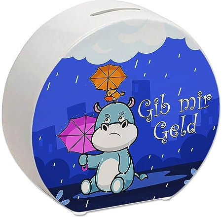 Nilpferd Spardose mit Spruch Gib Mir Geld in blau Nilpferd Sparschwein mit Spar-Aufforderung Regen Sparbüchse Lustig Sparen niedlich