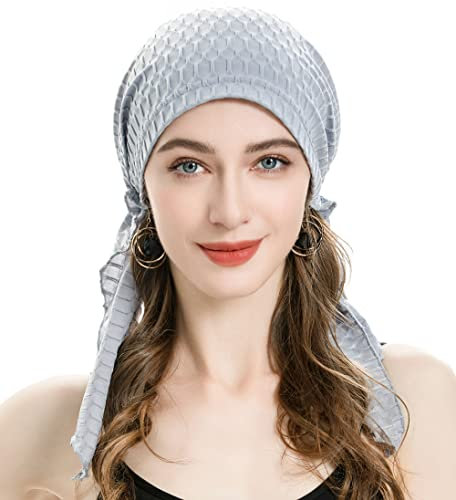 ZLYC Damen Chemo Turban Mütze Vorgebundenes Kopftuch Headwraps Leichte Hut(Waffel Grau)