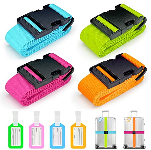Koffergurte 4 Stück, Verstellbare Kofferband mit Adressschild, 2 Farben Kreuzgurt Kofferbänder für Koffer Markierung, Reisezubehör Gepäckgurt Luggage Strap zum Sicheren Verschließen (4 Farben)