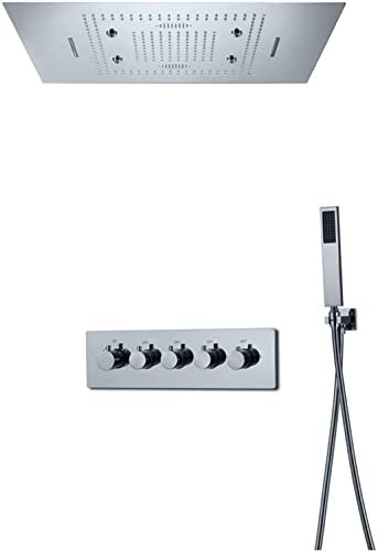 Luxury Rain Shower System, LED Shower Head 60 x 80 cm with Bluetooth Music Speaker, Bathroom Thermostatic Shower Tap Set, Tee Control