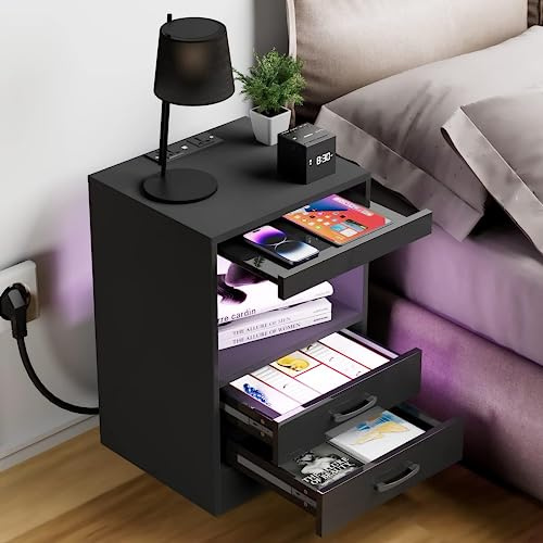 Table de Chevet LED Avec Fonction de Charge - Ports USB - Noir - Table d'Appoint Avec Tiroir et Compartiments Ouverts - Pour Salon, Chambre à Coucher - 60 x 40 x 35