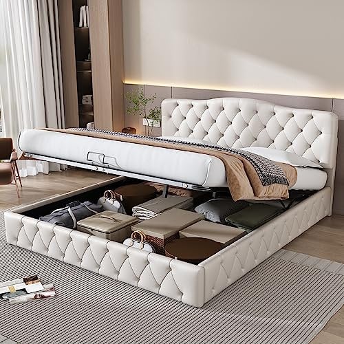 Azkoeesy Polsterbett mit Bettkasten Stauraum, 180 x 200 cm, Doppelbett mit Metallgestell, Elegantes Zugpunkt-Kopfteil, PU-Bezug, weiß