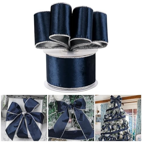 AIMUDI Navy Velvet Ribbon - Wired 2.5 Inch Navy Blue for Wreaths, Christmas Tree, Gift Wrapping, Garland, Holiday Crafts - 10 Yards