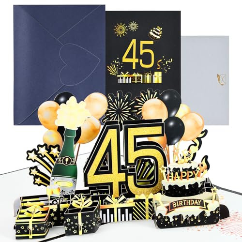 Joyoldelf Geburtstagskarte zum 45. Pop Up Grußkarten, 3D Pop Up Karte Geburtstag Grußkarte, Geburtstagskarten mit Umschlag für Frauen Mütter Mädchen Männer Freunde Romantik Geschenk-Karte