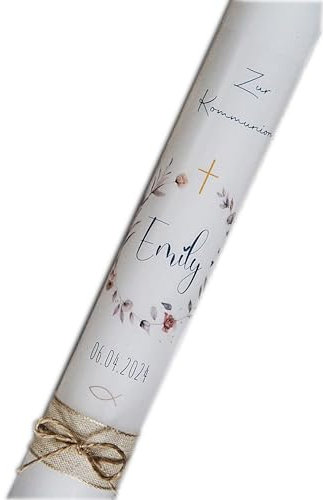 KOMMUNIONKERZE TAUFKERZE KONFIRMATIONKERZE Blumen Kranz - für Mädchen und Jungen | beschriftet mit Namen und Datum (40x5)